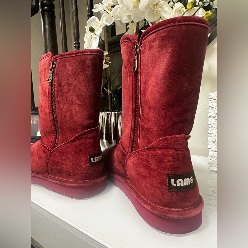 Lamo Luna Boots Women's Red Burgundy Mid Calf Faux Fur